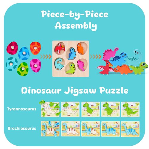 AuntyFey Dinosaur Wooden Toddler Puzzle 1-3 with Dinosaur Eggs Peg Puzzles, Montessori Toys for 1 2 Year Old Boy Girl, Kid Wooden Puzzles Ages 2-4, Dinosaur Toy for Toddler, Learning Preschool Puzzle