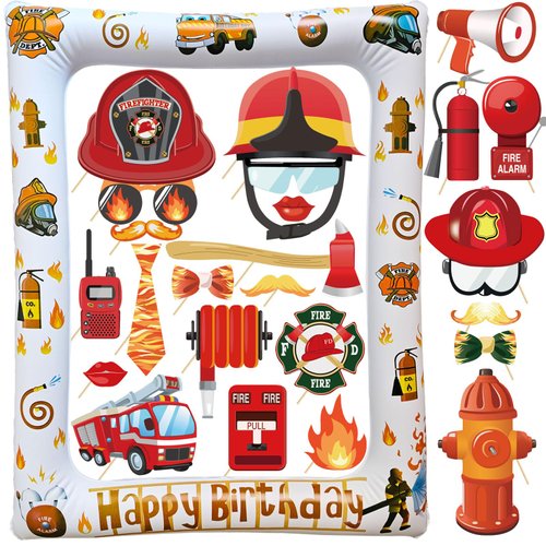 Giant Fire Truck Firefighters Theme Birthday Inflatable Selfie Frame & PhotoBooth Props Set Fireman Birthday Party Decorations Blow Up Picture Frame for Kids Birthdays Party Supplies