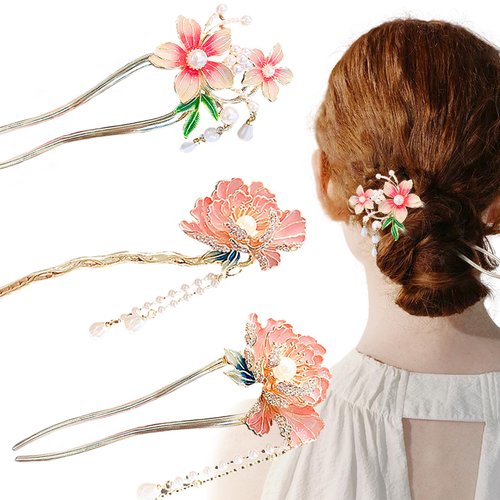 3 PCS Pearl Chinese Flower Hair Sticks Vintage Tassel Hair Pins Metal Chinese Hair Chopsticks for Women Girls Long Hair (Classic Style)
