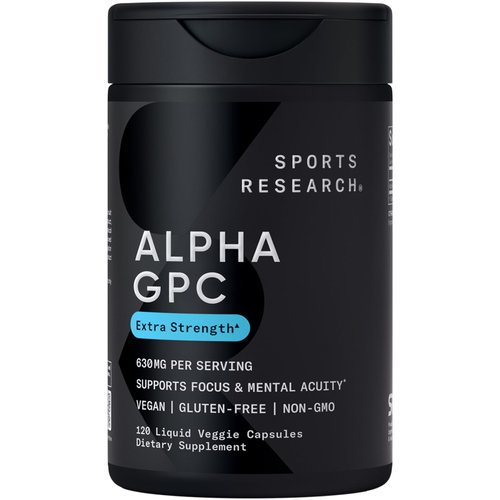 Sports Research® Alpha GPC 630mg - Extra Strength Cognitive & Focus Support for Women and Men - Vegan Certified · Non-GMO · Gluten Free - 120 Liquid Veggie Capsules