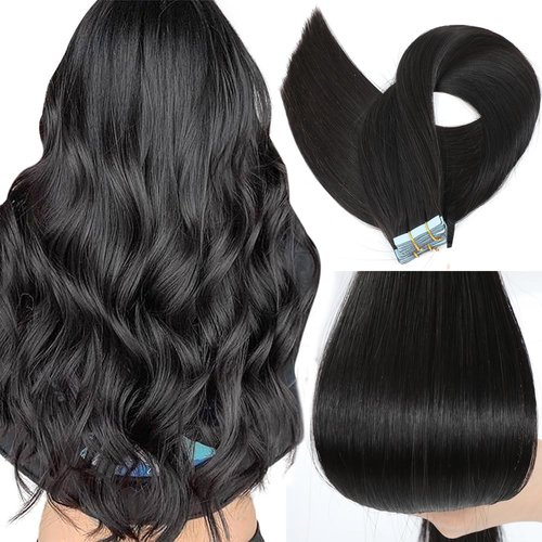 ELFSECRET Human Hair Tape In Hair Extensions Natural Black Color Seamless Invisible PU Skin Weft Tape in 100% Real Human Hair Silky Straight Hair Extensions Soft Thick End (16 Inch, #1B Natural Black)