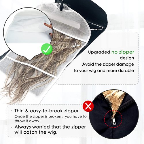 Hair Extensions Holder 24" Hair Extension Storage Bag Wig Bag Storage with Wooden Hanger, Portable Wig Bag Storage Organizer, Dust-proof Waterproof Hair Extensions Wig Hanger 2 PCS, Black & White