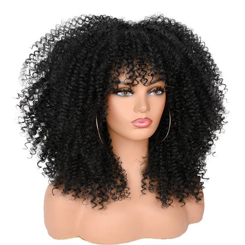 ANNISOUL 16Inch Curly Wigs for Black Women Black Afro Bomb Curly Wig with Bangs Synthetic Fiber Glueless Long Kinky Curly Hair
