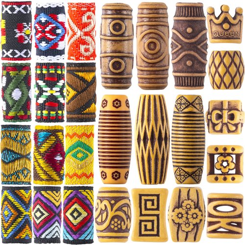 HINZIC 54 PCS Hair Jewelry Braids Fabric Dreadlock Beads Vintage Locks Hair Clips African Tube Beads Simulation Wood Dreadlock Accessories for Halloween Costume Christmas Women Men