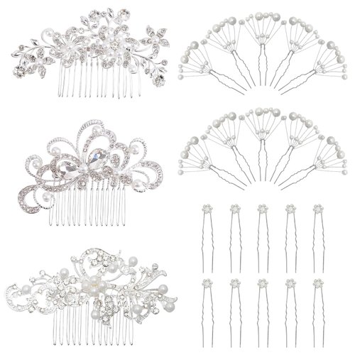 MOAMUN 23pcs Wedding Hair Comb Set, Bridal Hair rhinestone Accessories, Women Hair Side Comb Crystal Pearl Hair Pins Clips for Bridesmaids Flower Girl Prom