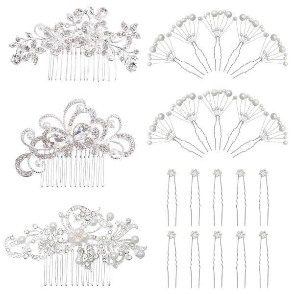 MOAMUN 23pcs Wedding Hair Comb Set, Bridal Hair rhinestone Accessories, Women Hair Side Comb Crystal Pearl Hair Pins Clips for Bridesmaids Flower Girl Prom