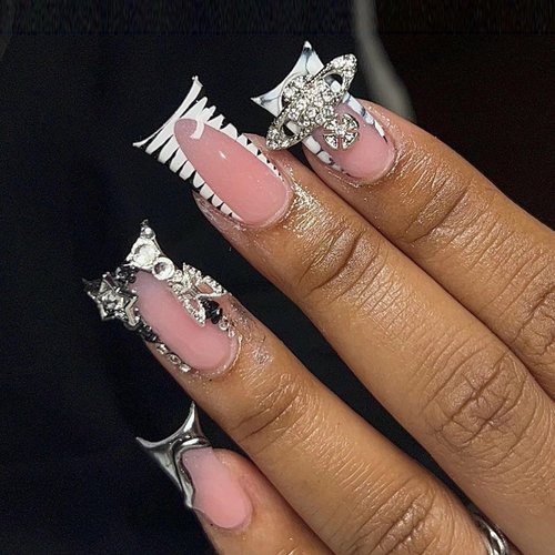 BABALAL Duck Nails Press on Black Fake Nails French Tip Glue ons Nails Star Planet Rose Charm Des...