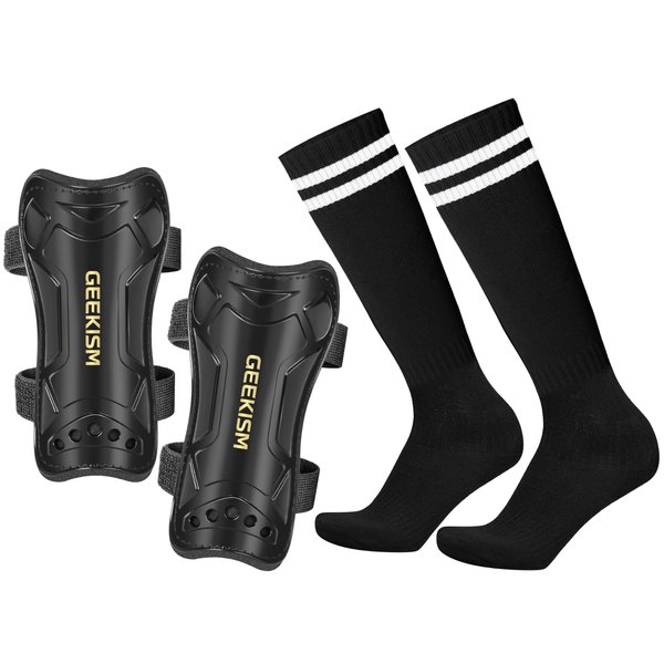 Geekism Soccer Shin Guards for Youth Kids Toddler, Protective Soccer Shin Pads & Socks Equipment - Football Gear for 3 5 4-6 7-9 10-12 Years Old Children Teens Boys Girls (Black, Medium)