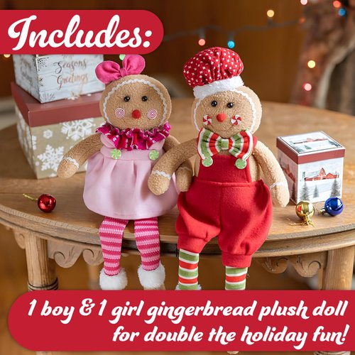Christmas Gingerbread Plush Dolls, Set of 2 - 17" Boy & Girl Cute Shelf Decorations - Fun Kids Holiday Toy Elf Buddy, Tree, or Stocking Stuffer w Festive Santa Outfits, Mantel Decor, Gift for Xmas