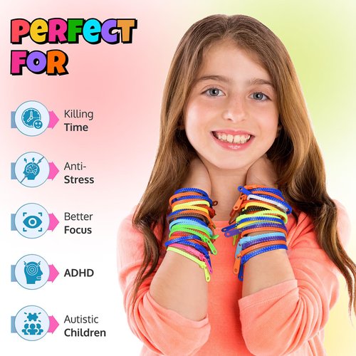 UpBrands 48 Prizes for Kids Zipper Bracelets 7 ½”, Fidget Party Favors for Kids, Sensory Toys Bulk Set, Neon Colors, Birthday Kit, Easter Egg, Treat Bags & Pinata Fillers
