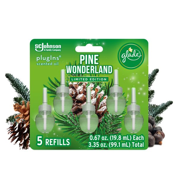 Glade PlugIns Refills Air Freshener, Scented and Essential Oils for Home and Bathroom, Pine Wonderland, 3.35 Fl Oz, 5 Count