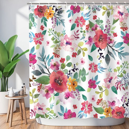 LIVILAN Floral Shower Curtain for Bathroom Flower Shower Curtain Watercolor Girls Shower Curtains Flowered Shower Curtain with Hooks Pink Floral Bathroom Decor Pink Shower Curtain, 72" W x 78" H