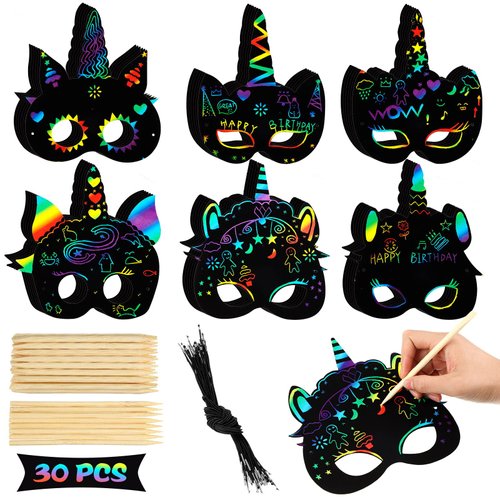 30 Pcs Unicorn Scratch Mask Unicorn Mask Unicorn Party Favors Rainbow Paper Unicorn Art Mask, Wooden Stylus and Elastic Bands Scratchboard Mask Decoration Dress up Costumes for Unicorn Party Supplies