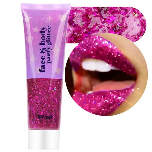 ANGXILIN High Capacity 60ML Chunky and Fine Mixed Face Body Glitter with Gel for Singer Concerts Rave Party Makeup,Quick Dry and Long Lasting Holographic Iridescent Sequins Glitter Gel (Fuchsia)
