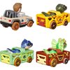 Hot Wheels Toy Cars, RacerVerse 4-Pack of Die-Cast Vehicles Featuring Jurassic World Characters Charlie, Owen, Dilophosaurus & Allosaurus as Drivers