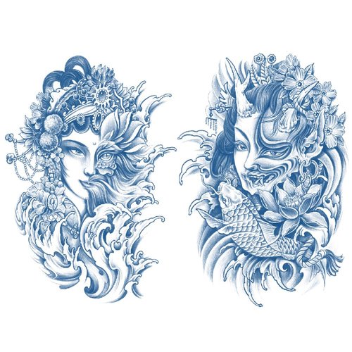 Oottati 2 Sheets Semi Permanent Waterproof Temporary Tattoos, 2 Weeks Long Last, 100% Plant-Based Ink Infinity Realistic Stickers, Beauty Lady Prajna Fish Koi Carp Lotus
