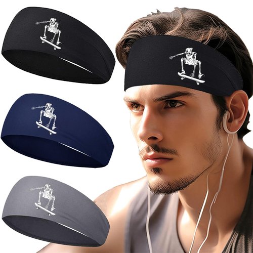Sweat Bands Headbands Men Sweatbands for Men Women 3pcs Sport Workout Cooling Headbands for Men Women Head Band Hair Band Skull Running Men's Headband for Sweat Yoga Gym Tennis Hip Hop Skateboard Gift