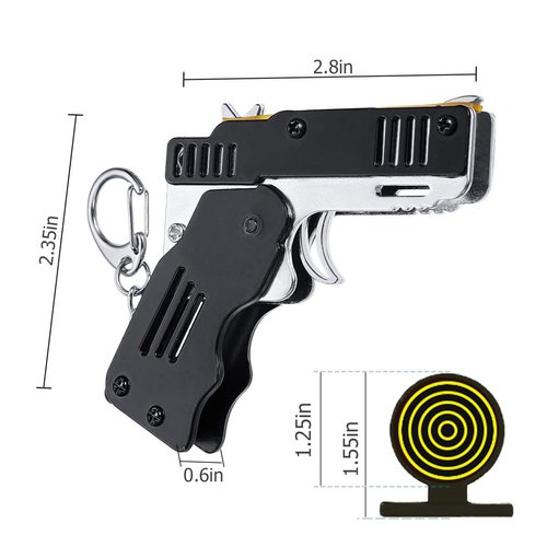 2 Pieces Rubber Band Gun Toy Easy Load Foldable Handmade Toy Gun Mini Metal Rubber Gun with Keychain and 200 Elastic Rubber Bands