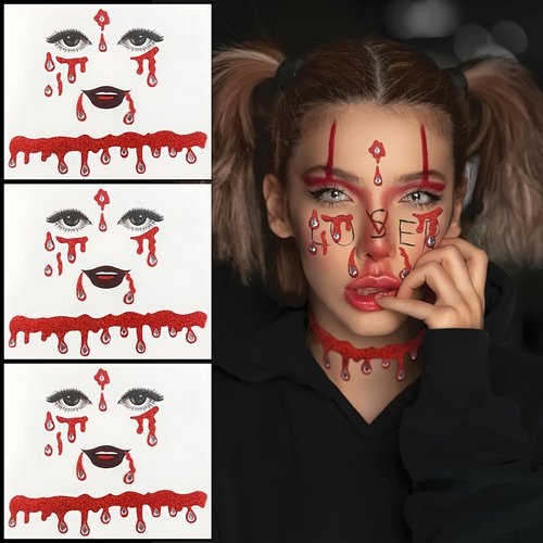 Halloween Vampire Face Jewels for Women Vampire Costume Face Jewels Stick on Scary Blood Rhinestone Gems Accessories Halloween Costumes for Women Girls 3Packs (vampire red rhinstone)