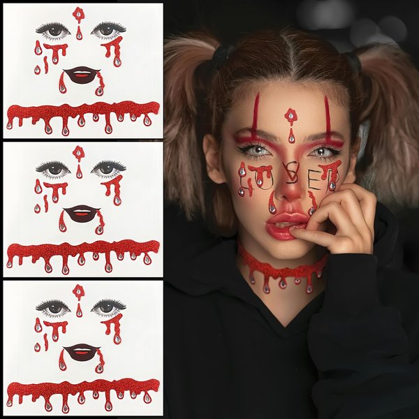Halloween Vampire Face Jewels for Women Vampire Costume Face Jewels Stick on Scary Blood Rhinestone Gems Accessories Halloween Costumes for Women Girls 3Packs (vampire red rhinstone)