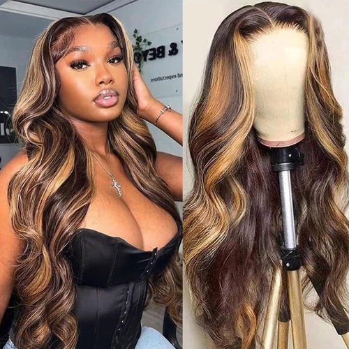 Amarlis Body Wave Lace Front Wigs for Women, Pre Plucked Ready to Wear HD Glueless 13x4x1 Highlight Synthetic Lace Front Wigs for Daily Use(Brown Mixed Blonde)