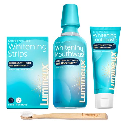 Lumineux Teeth Whitening Kit Peroxide Free Enamel Safe for Whiter Teeth Includes 7 Whitening Treatments, 1 Mouthwash, 1 Toothpaste & 1 Bamboo Toothbrush Certified Non-Toxic, Dentist Formulated
