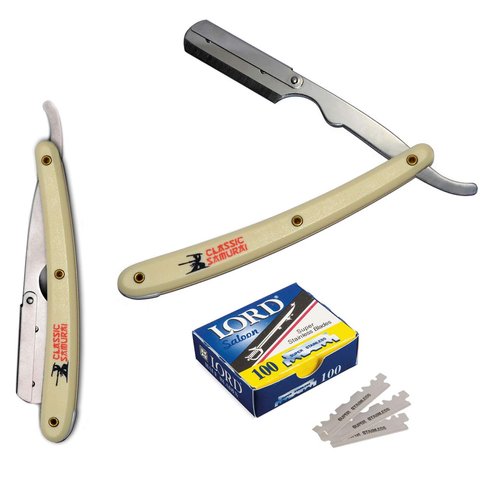 Classic Samurai Stainless Steel Premium Cut Throat Straight Razor, Shavette, Manual Shaver Men's Shaving Kit with 100 Lord Single Edge Razor Blades (Cream)