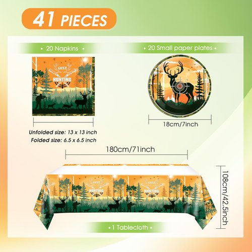 41 PCS Hunting Birthday Party Decorations Hunter Camo Themed Birthday Party Set Deer Birthday Party Decorations Plates Napkins Tablecloth Set for Family Picnic Retirement Outdoor Tournament Events
