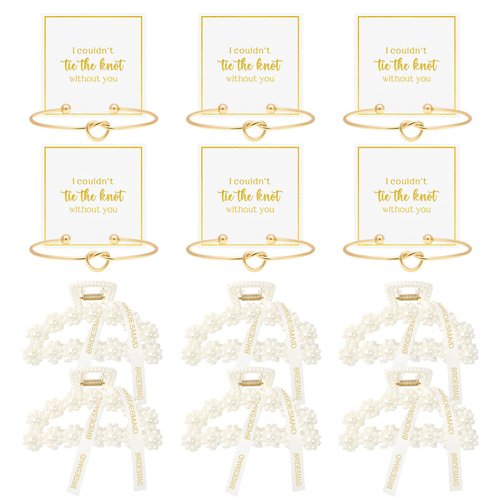 DEEKA 12 Pcs Bridesmaid Proposal Gifts, Pearl Hair Claw Clips & Bridesmaid Knot Bracelet Bachelorette Party Wedding Favors Bridal Party Present Hair Accessories for Women(Gold Bracelets)