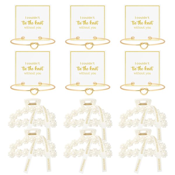 DEEKA 12 Pcs Bridesmaid Proposal Gifts, Pearl Hair Claw Clips & Bridesmaid Knot Bracelet Bachelorette Party Wedding Favors Bridal Party Present Hair Accessories for Women(Gold Bracelets)