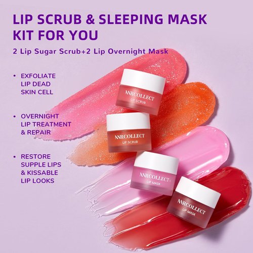 ANRCOLLECT Lip Scrub & Lip Mask - Overnight Treatment Lip Care Kits with 2 Lip Exfoliator & 2 Sleeping Lip Balm, Intense Hydration Lip Set for Dry Chapped Cracked Lips, Exfoliate & Moisturize (4 Pack)