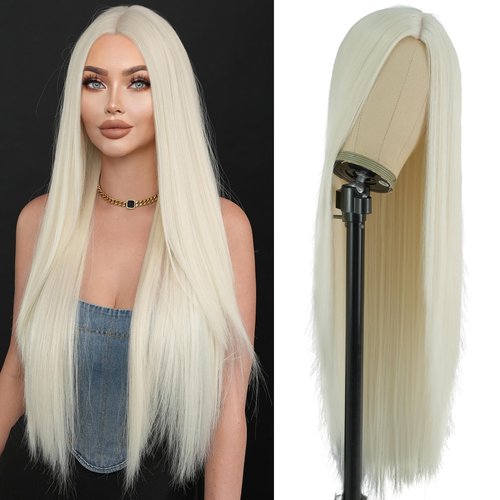 7JHH WIGS 32in Super Long White Blonde Wigs Natural Heat Resistant Fiber Synthetic Layered Straight Platinum Midlle Part Wigs Women Wigs for Holiday Festival Chrismas Daily Party Daily Used