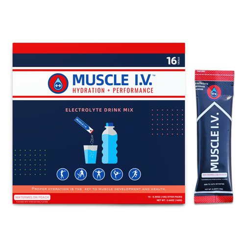 Muscle I.V. Hydration Electrolyte Drink Mix - Watermelon Peach - 16 Easy Open Single Serve Powder Sticks | Caffeine Free | Gluten Free | Soy Free | Non-GMO | 100% Vegan