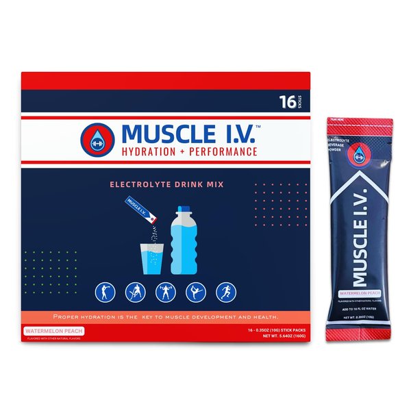 Muscle I.V. Hydration Electrolyte Drink Mix - Watermelon Peach - 16 Easy Open Single Serve Powder Sticks | Caffeine Free | Gluten Free | Soy Free | Non-GMO | 100% Vegan