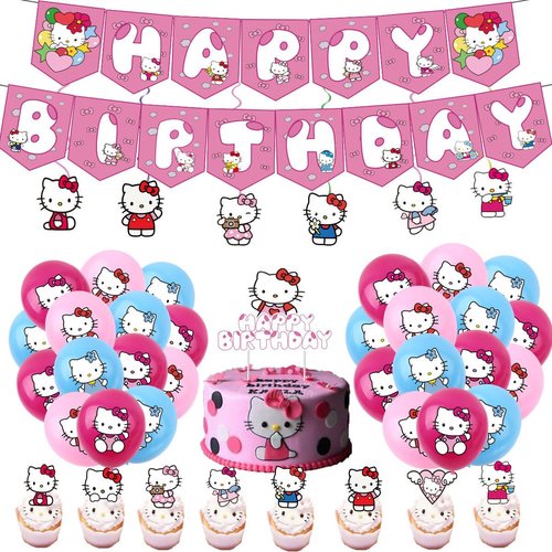 Kitty Cat Birthday Decorations Party Supplies Kitty Cat Party Favor Include Happy Birthday Banner, Cake Topper, Foil Balloons, Cupcake Toppers, Kitty Party Decorations for Women Teens