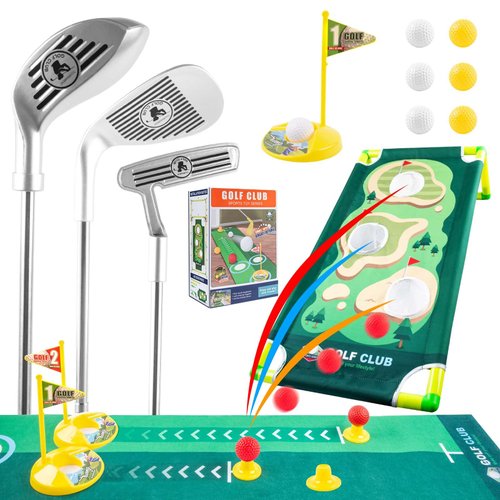 deesalio Toddler Golf Clubs Set, Adjustable Toddler Golf Set, Upgraded Kids Golf Toys with Putting Mat & Golf Cornhole Board, Indoor & Outdoor Yard Game Gifts for 3 4 5 6 7 8 Year Olds Boys Girls