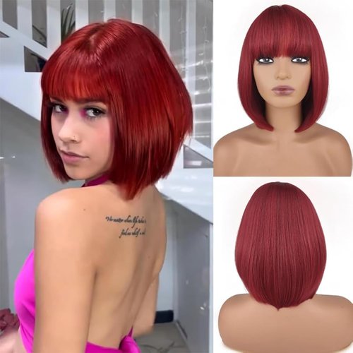 Foufait Wine Red Bob Wig with Bangs Short Wigs for Women Rose Red Synthetic Wig Cosplay Wigs Straight Hair Colorful Wig (Red)