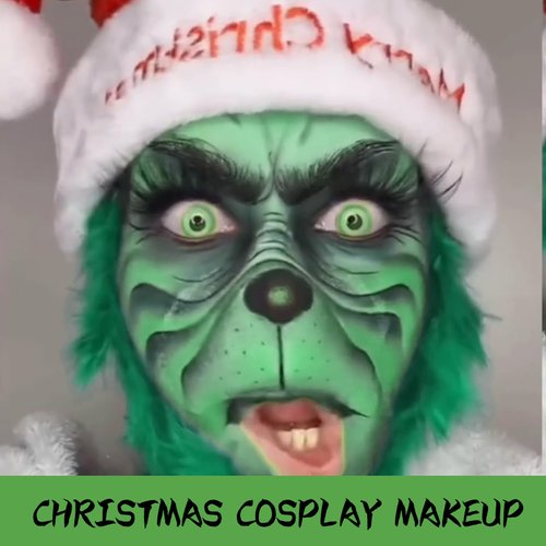 6Pcs Christmas Cosplay Makeup Kit,Highly Pigmented Christmas Face Paint,Green Face Makeup,Green Face Paint,Green Face Piant+Sponges+Setting Powder+Black Face Paint Stick+Santa Hat