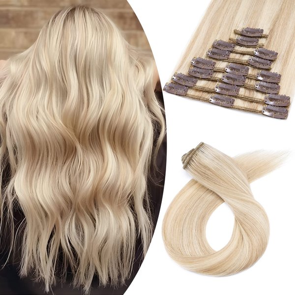 Clip In Hair Extensions 8pcs 14inch Real Human Hair Highlighted Ombre Light Ash Brown Mixed Bleach Blonde