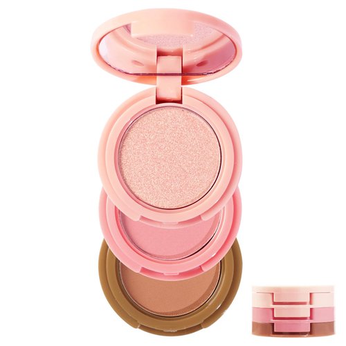 Yeweian 3-in-1 Blendable Trio, Contour and Highlight Blush Makeup Palette, Cream Bronzer, Silky Smooth Powder Blush, Shimmer Highlighter Makeup Powder, Pink Brown Eyeshadow Palette with Mirror(02)
