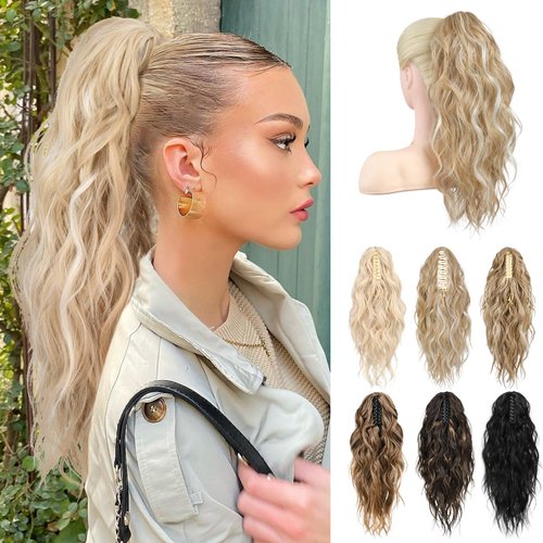 LONAI Ponytail Extension, 18" Wavy Claw Clip Ponytail Extensions Shoulder Length Curly Wavy Claw Clip in Ponytail Hair Extensions Synthetic Fake Pony tails Hairpieces-Golden Blonde White Blonde