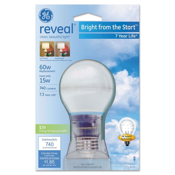 Ge Lighting 63508 Reveal® Bright From The Start™ A19 Cfl Bulb, 15w