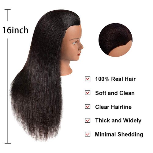 headdoll Mannequin Head 100% Real Hair for Cosmetology Manikin 16 Inch Doll Head Hairdresser Hairstylist Training Practice Styling Braiding Styling Curling Coiling Display Cosmetology with Stand