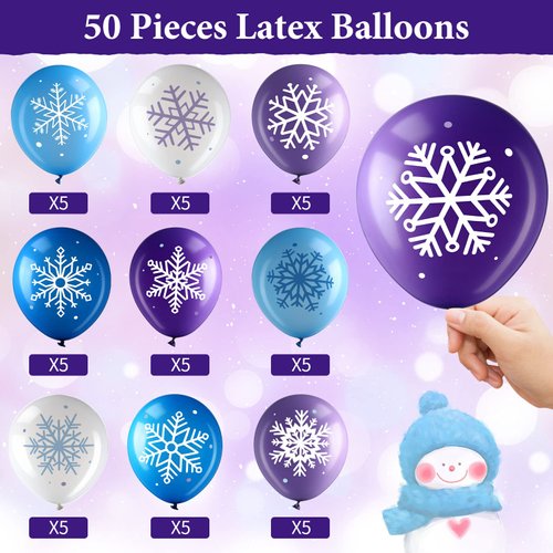Suilung 50 Counts Winter Snowflake Balloons 12 Inch Balloon Garland Wonderland Latex White Blue Purple Balloons for Christmas Holiday Wedding Baby Shower Party Decoration Home Supplies