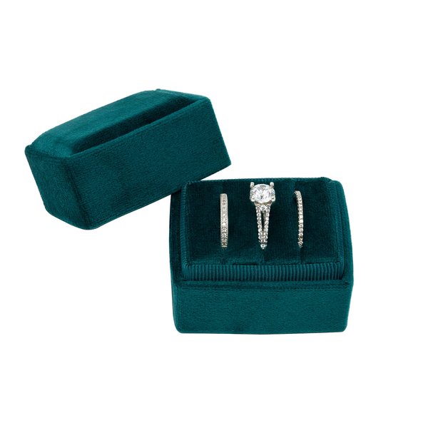 Beatrix & Luca 3 Ring Velvet Ring Box | Ring Holder | Jewelry | Proposal | Wedding | Ceremony | Engagement | Photography | Keepsake | Bridal Rectangle Triple (Emerald Green Triple)