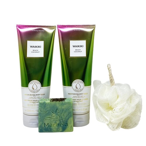 Bath & Body Works Waikiki Beach Coconut 2 Moisturizing Body Wash Set with a Fresh Forest Bar Soap and a Shower Sponge - Full Size