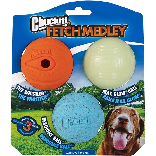Chuckit! Dog Fetch Toy Medley Package 3 Whistler Glow Rebounce Ball MED 6Ball