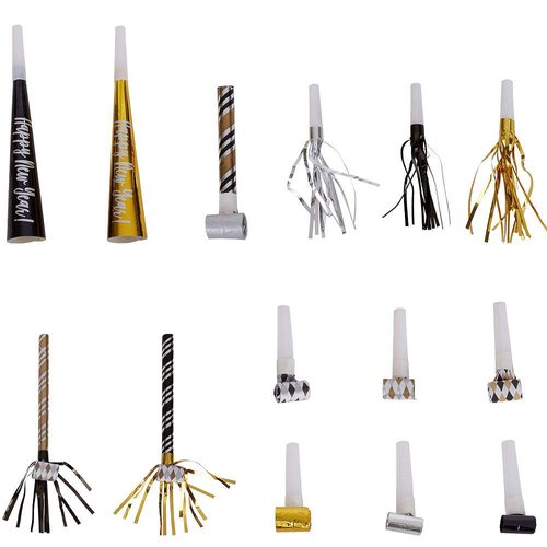 Metallic Black, Gold & Silver New Year's Party Horns & Blowouts 50ct | Holiday Parties New Year's Noise Makers