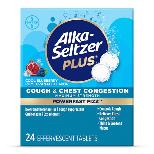Alka-Seltzer Plus PowerFast Fizz, Cough & Chest Congestion Medicine, Cool Blueberry Pomegranate Effervescent Tablets, 24ct