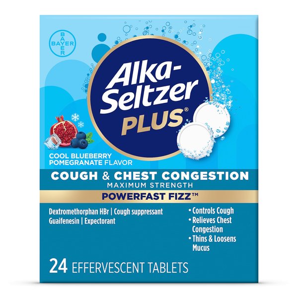 Alka-Seltzer Plus PowerFast Fizz, Cough & Chest Congestion Medicine, Cool Blueberry Pomegranate Effervescent Tablets, 24ct